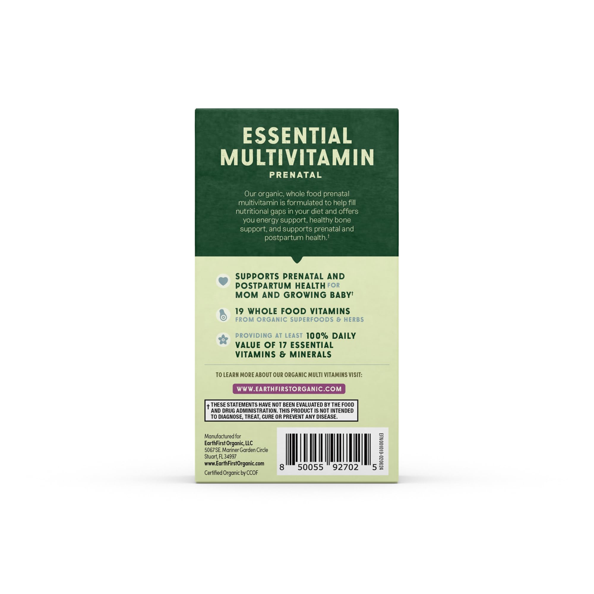 EarthFirst Organic Prenatal education card included supports informed supplement routines
