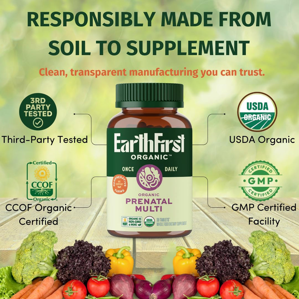 EarthFirst Organic Prenatal tablet texture seen during handling suggests gentle, easy to digest experience