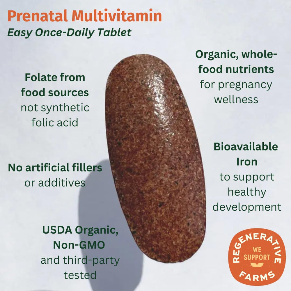 EarthFirst Organic Prenatal tablets close up emphasizing bioavailable nutrients in whole-food form