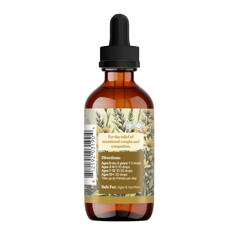 Liquid tincture of Cough-B-Gone showing natural herbs up close.