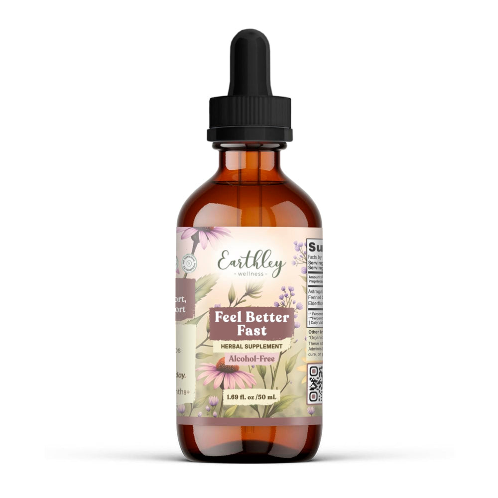 Earthley Wellness Feel Better Fast bottle with dropper offers quick, natural relief for everyday discomfort.