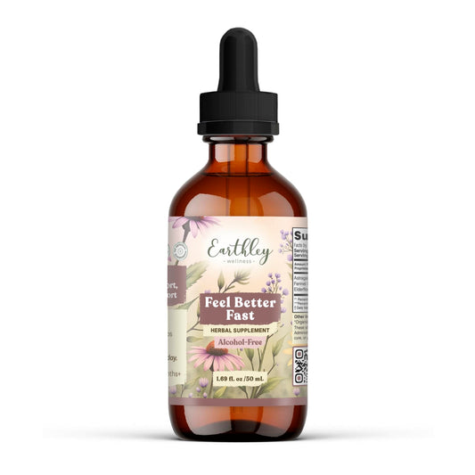 Earthley Wellness Feel Better Fast bottle with dropper offers quick, natural relief for everyday discomfort.