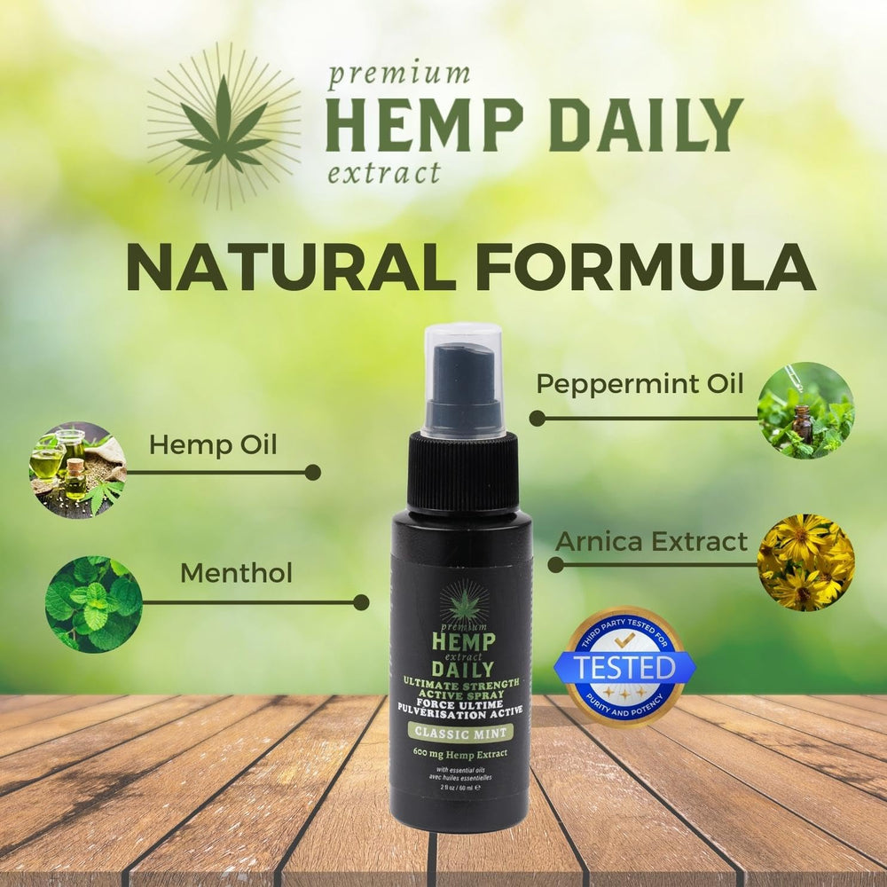 Earthly Body Hemp Daily spray applied to targeted areas for convenient daily use.