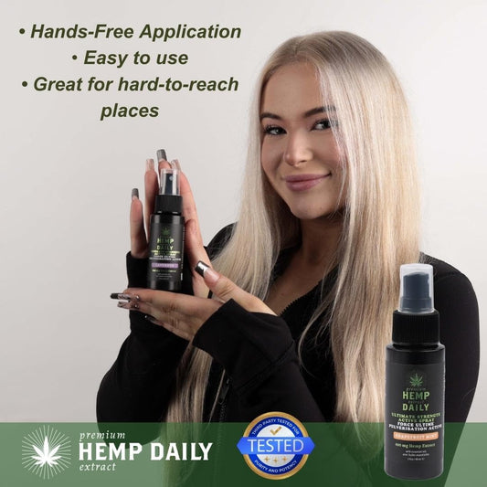 Earthly Body Hemp Daily spray applied on arm for targeted cooling relief