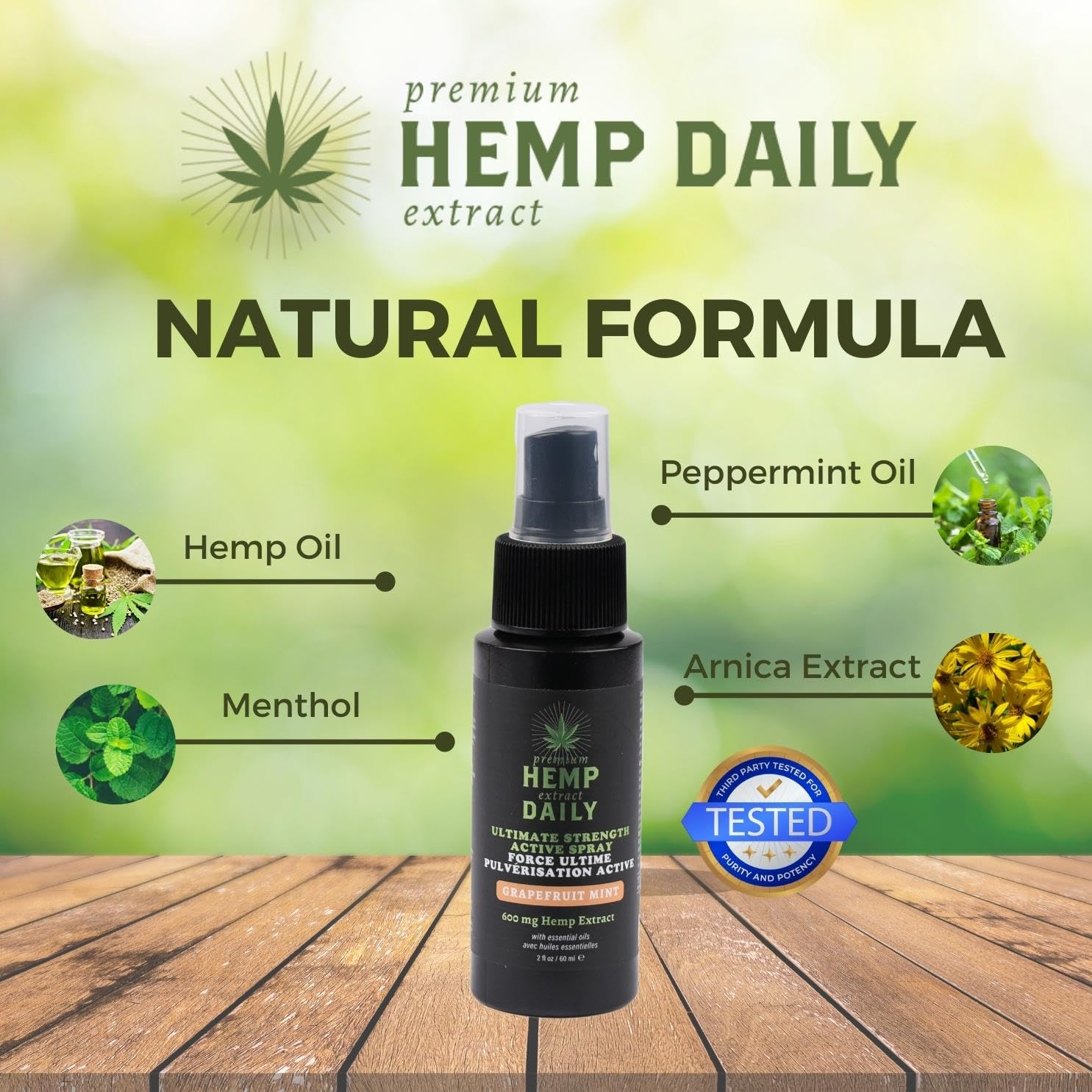 Close-up of Earthly Body Hemp Daily ingredients and essential oils