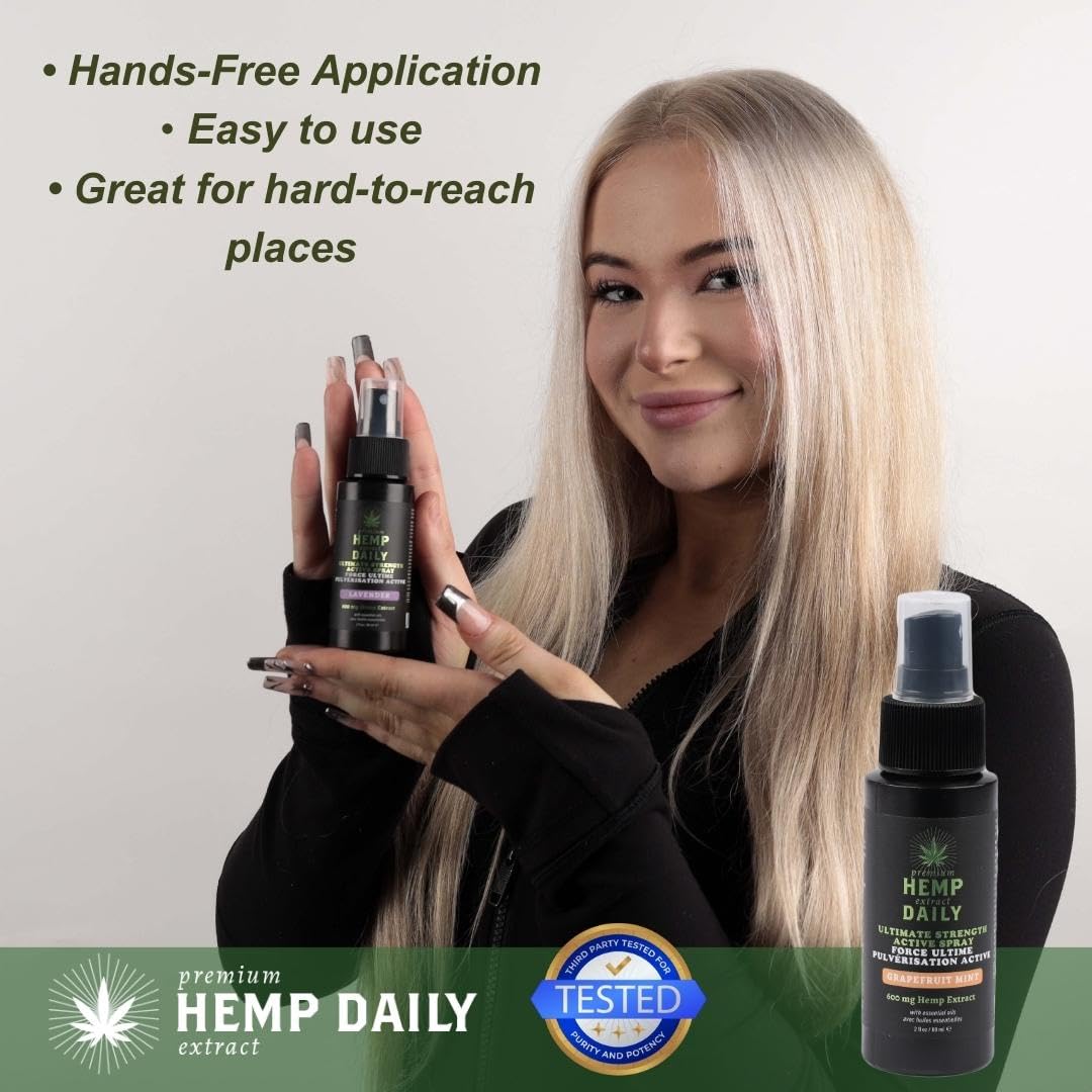 Earthly Body Hemp Daily spray pour demonstrates targeted relief with fast-drying action.
