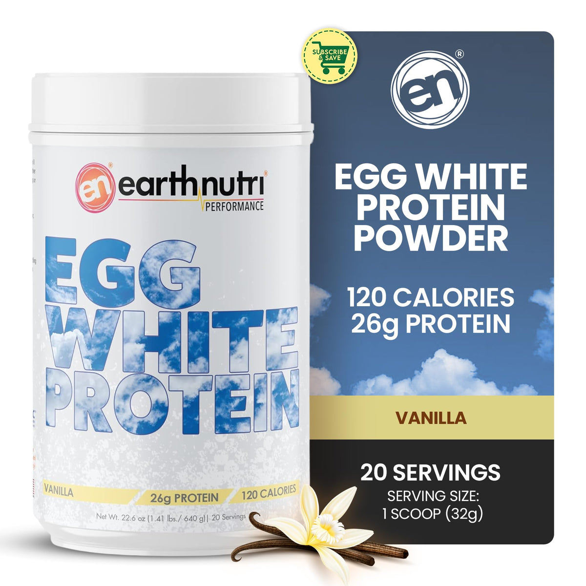 EarthNutri egg white protein powder tub highlights 26g protein per serving.