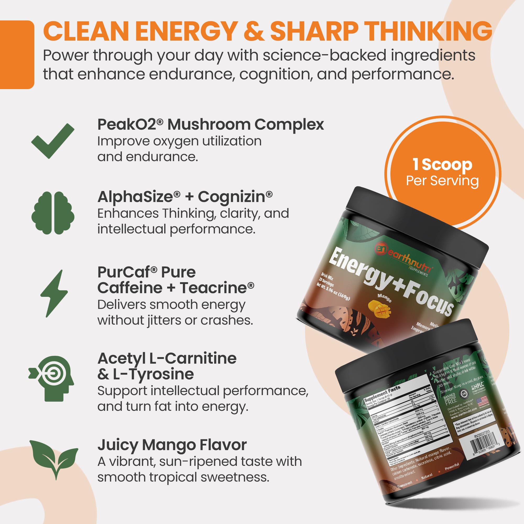 EarthNutri Energy + Focus ingredients close-up highlighting PeakO2 and Cognizin for clarity.