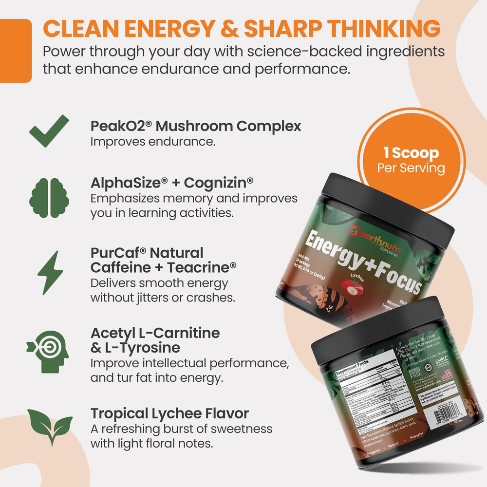 EarthNutri Energy + Focus Powder 20 servings box for month-long use.