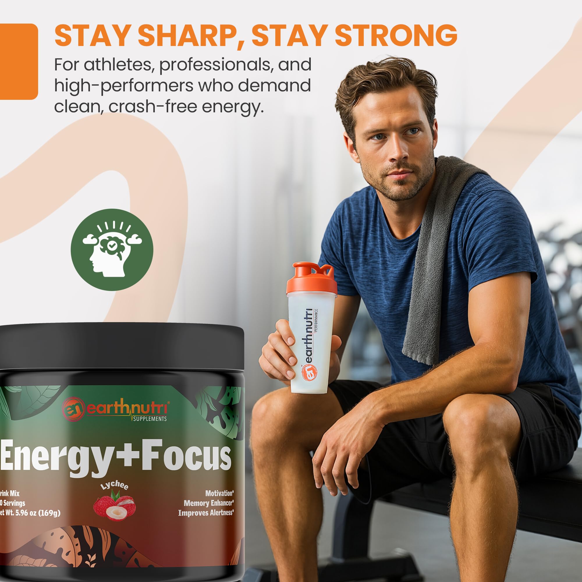 EarthNutri Energy + Focus Powder recommended pre-workout use for sustained energy and focus.