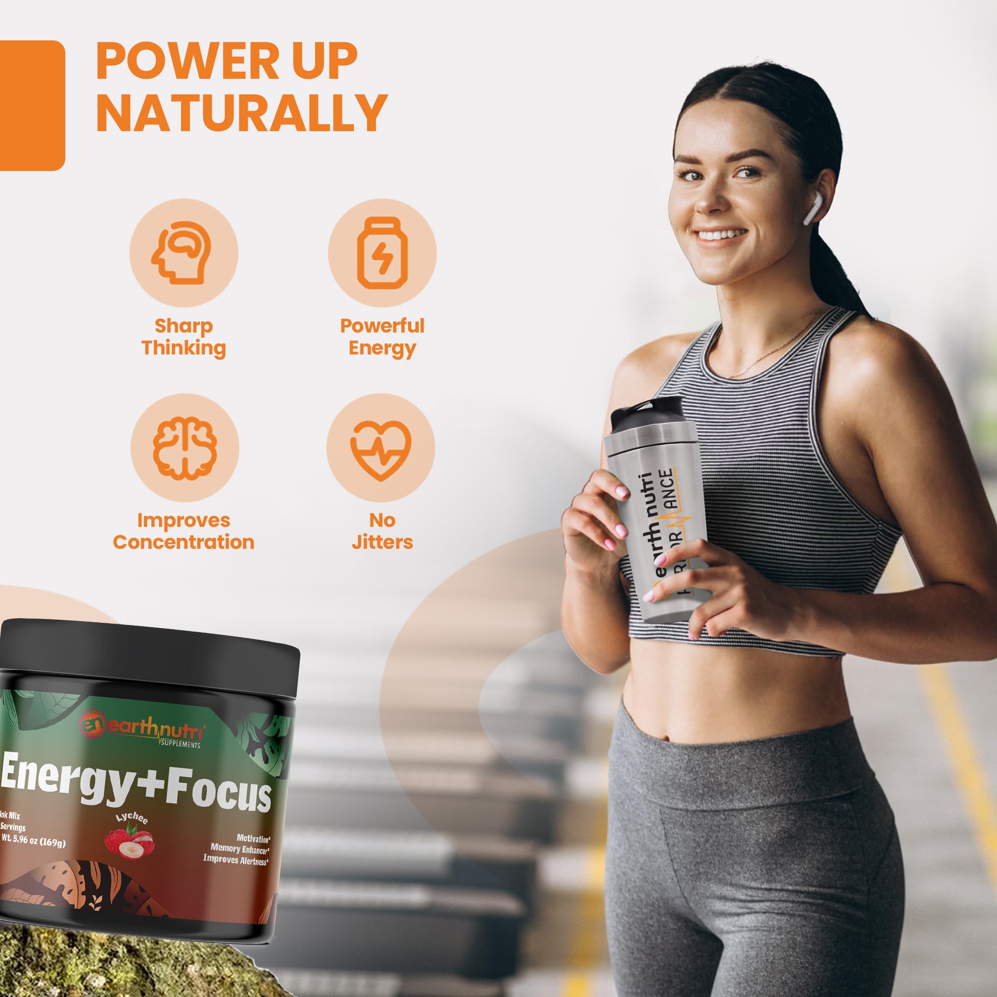 EarthNutri Energy + Focus Powder scoop showing precise serving size for easy dosing.