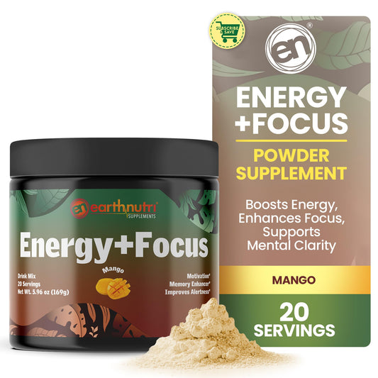 EarthNutri Energy + Focus mango-flavored powder tub front for a refreshing energy boost.