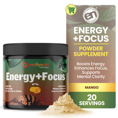 EarthNutri Energy + Focus mango-flavored powder tub front for a refreshing energy boost.