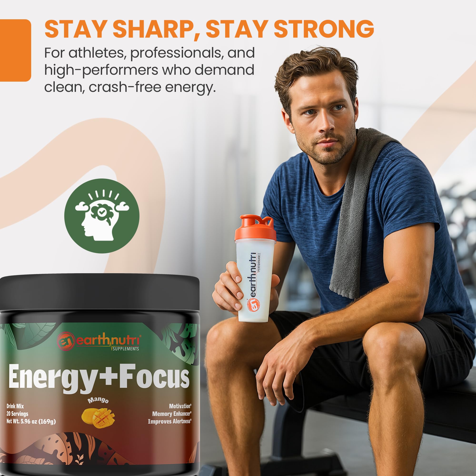 EarthNutri Energy + Focus tub label close-up conveying quality and clean ingredients.