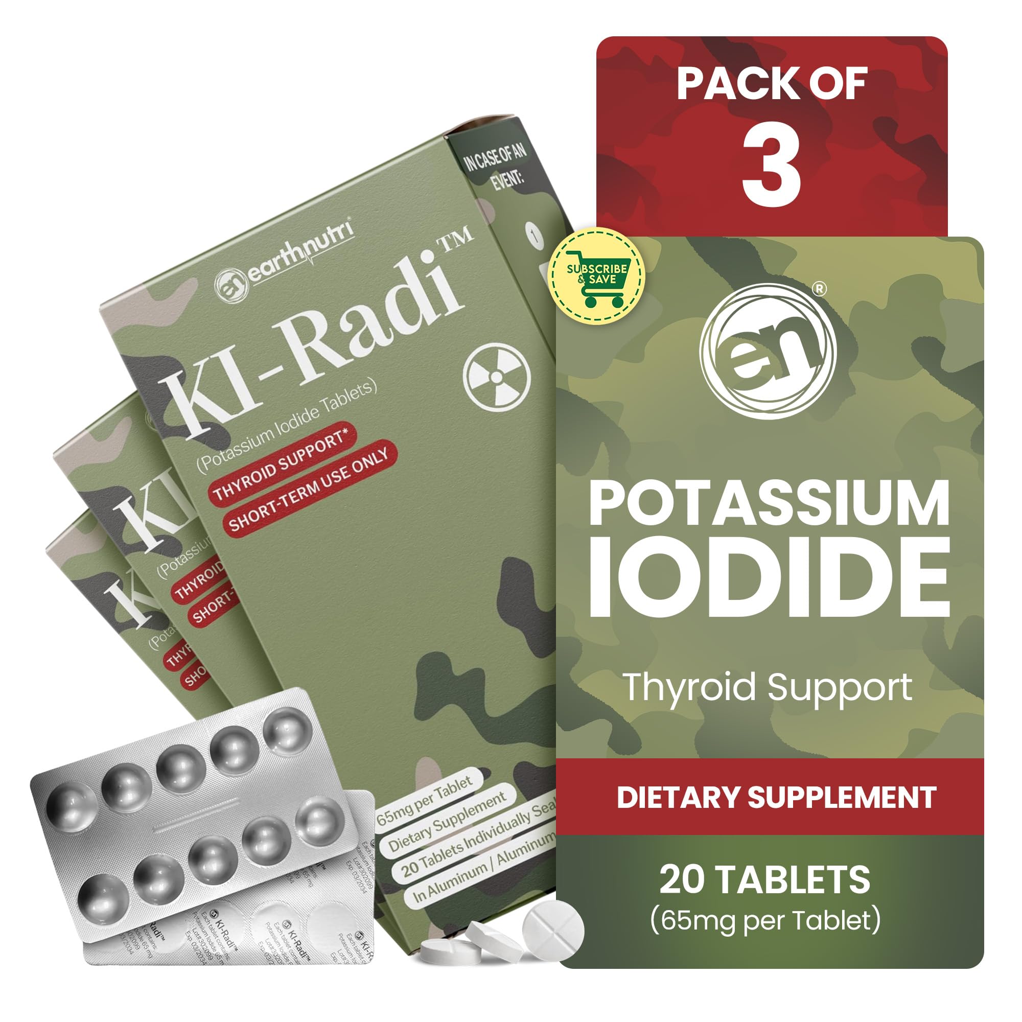 EarthNutri KI-Radi tablets in blister pack showing compact emergency-ready packaging.