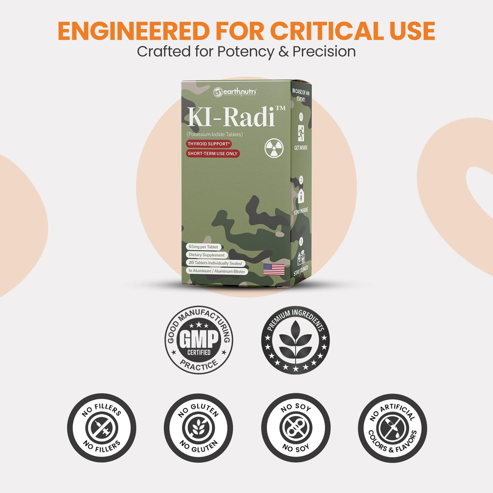 EarthNutri KI-Radi tablets close-up, small and easy-to-swallow for daily thyroid support.