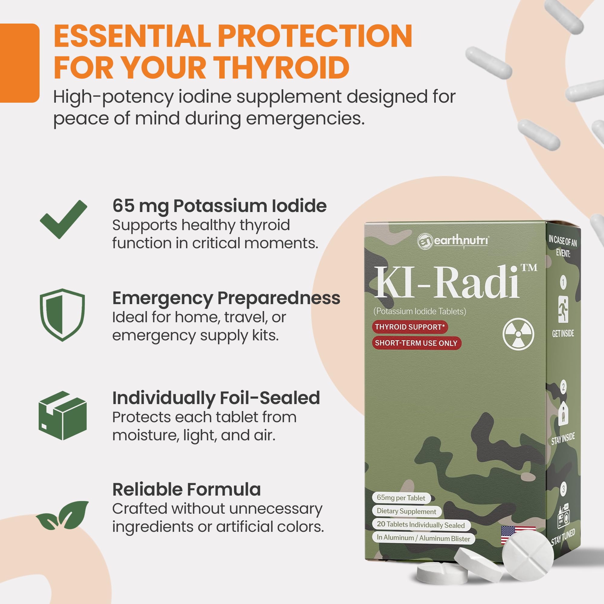 EarthNutri KI-Radi tablets in foil blister packaging protect potency during storage.