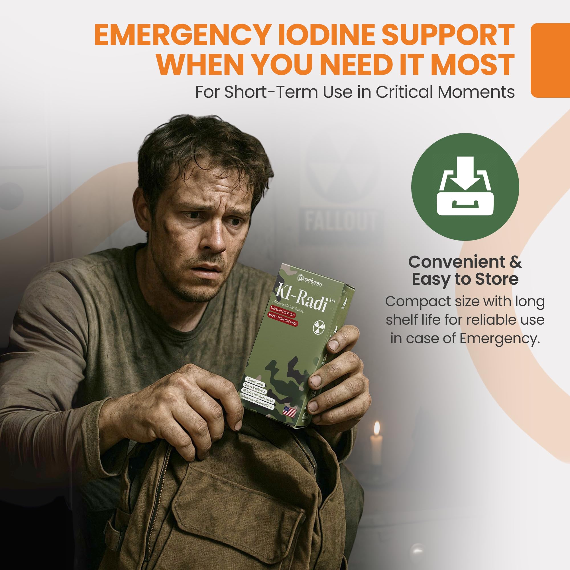 EarthNutri KI-Radi tablets in an emergency kit, ready for use.