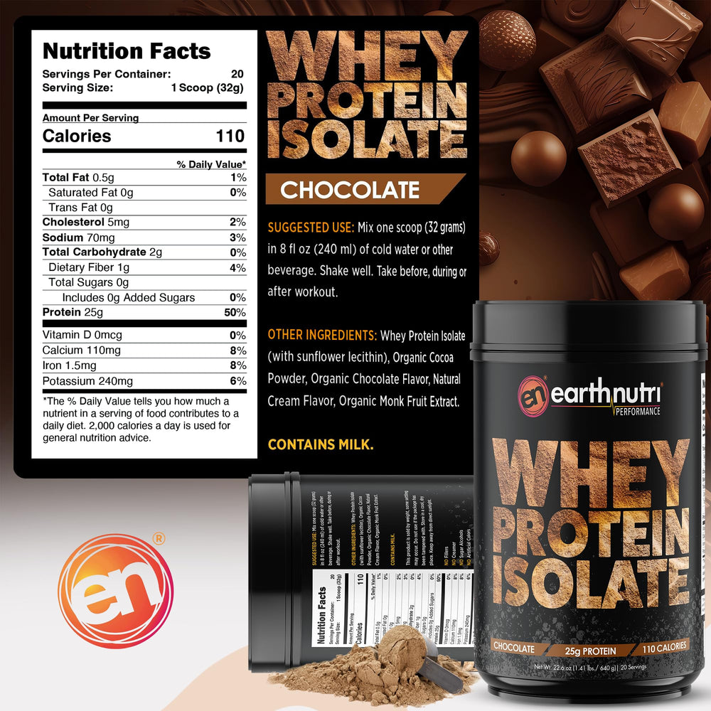 EarthNutri Whey Isolate Chocolate being poured into water for a smooth mix