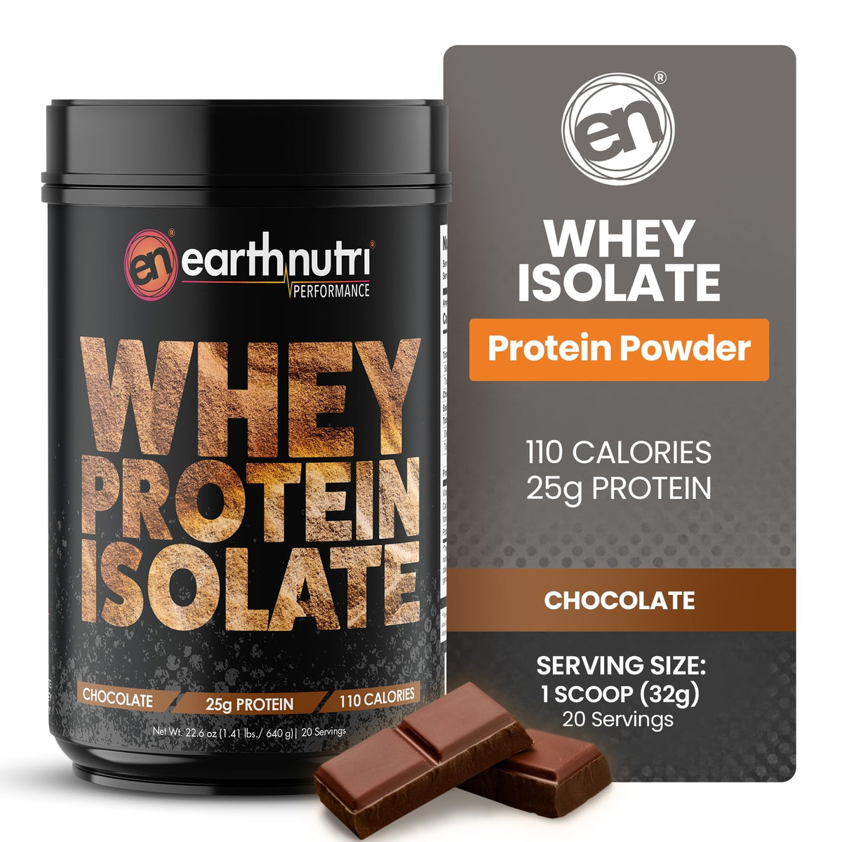EarthNutri Whey Isolate Chocolate tub front highlights a high-protein post-workout option