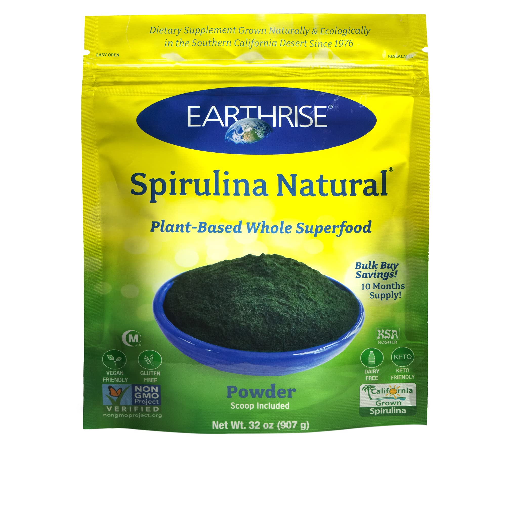 Earthrise Spirulina Powder 32oz bottle for vegan nutritional boost in smoothies