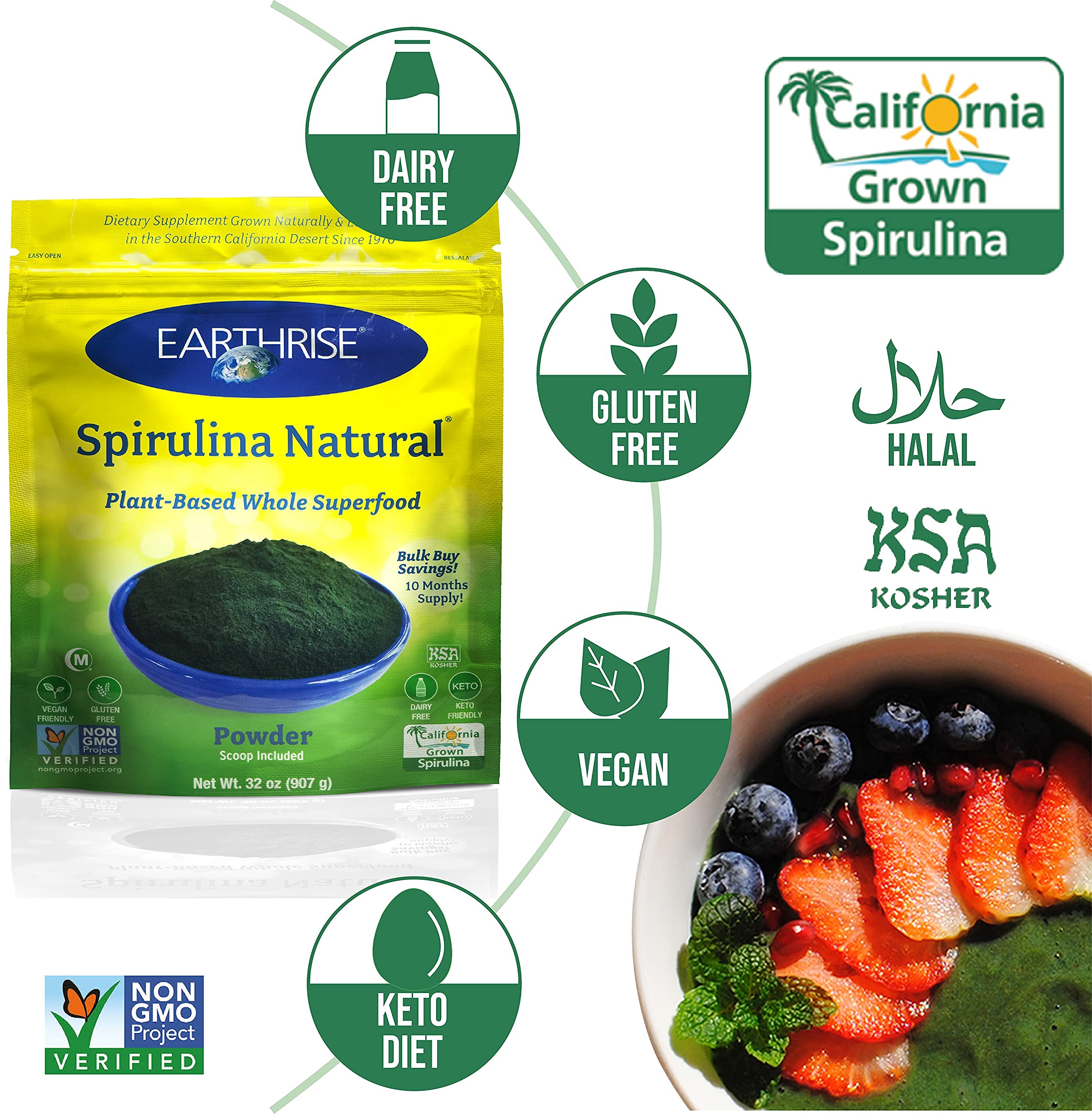 Earthrise Spirulina Powder in a kitchen setup for easy meal additions