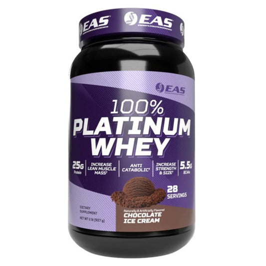 EAS 100% Platinum bottle shows premium whey packaging for convenient post-workout use