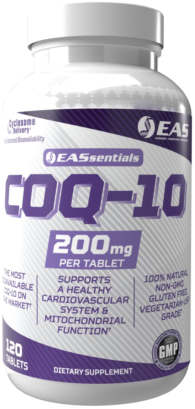 EAS COQ-10 200mg bottle front shows gluten-free and non-GMO labeling.