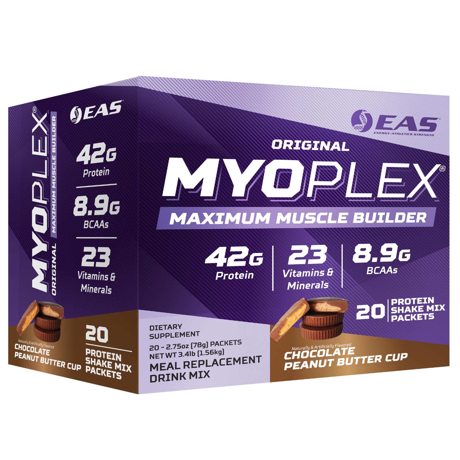 EAS Myoplex maximum muscle builder bottle image highlights 42g protein per serving for post-workout support