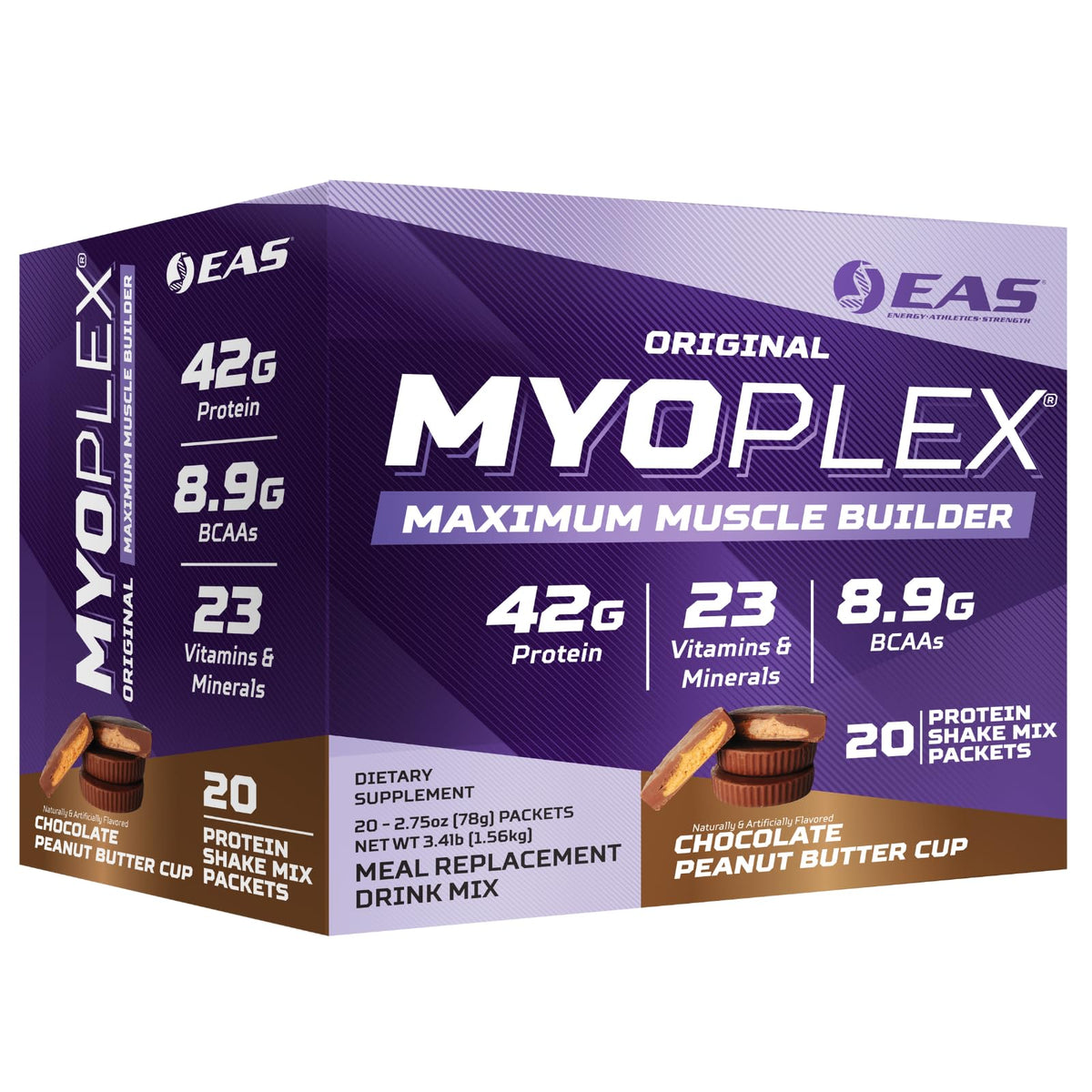 EAS Myoplex maximum muscle builder bottle image highlights 42g protein per serving for post-workout support