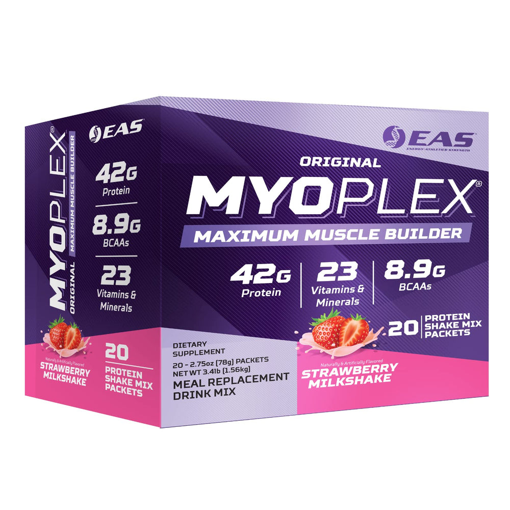 EAS Myoplex bottle with strawberry milkshake flavor ready for a post-workout shake