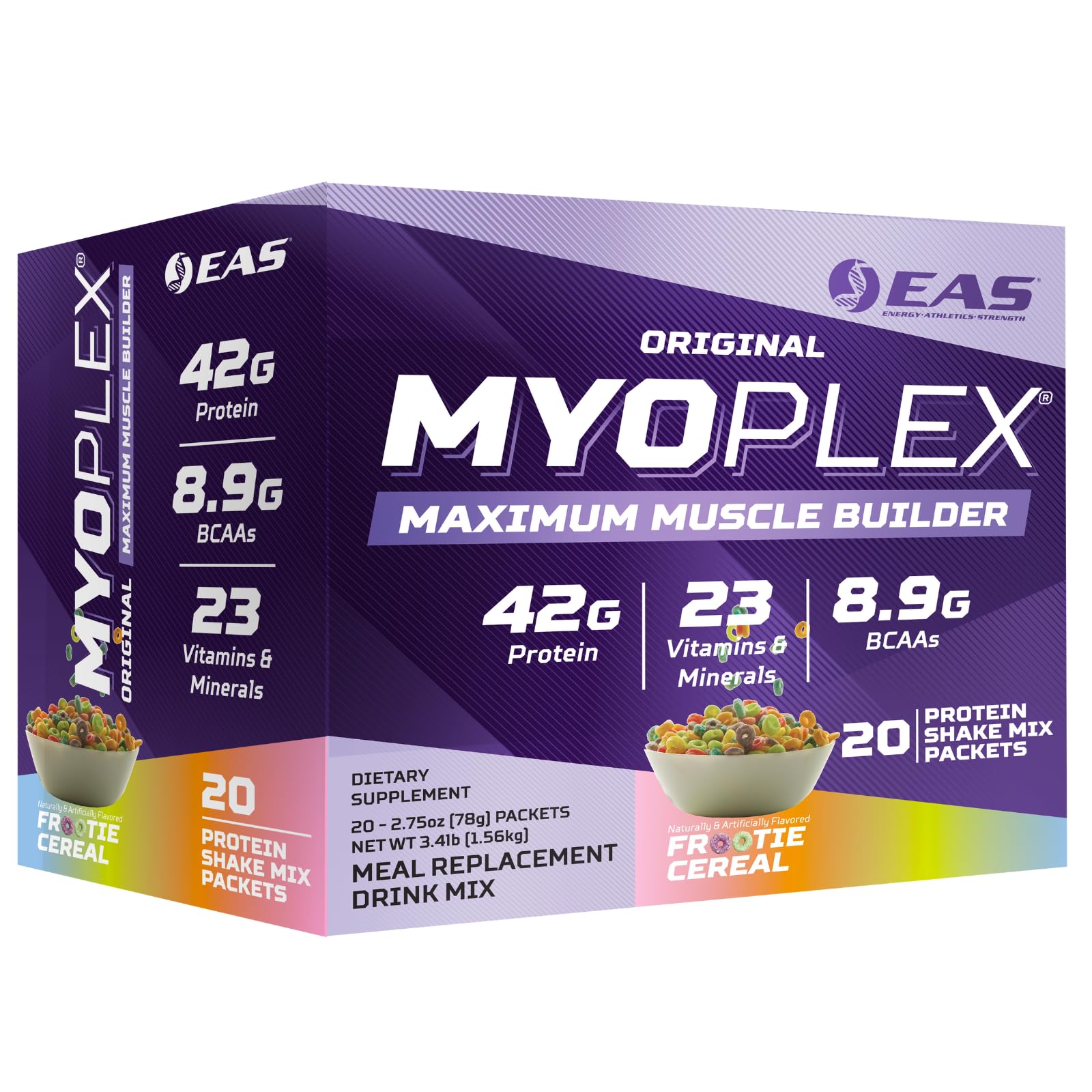 EAS Myoplex bottle pour showing protein-packed meal replacement for post-workout recovery