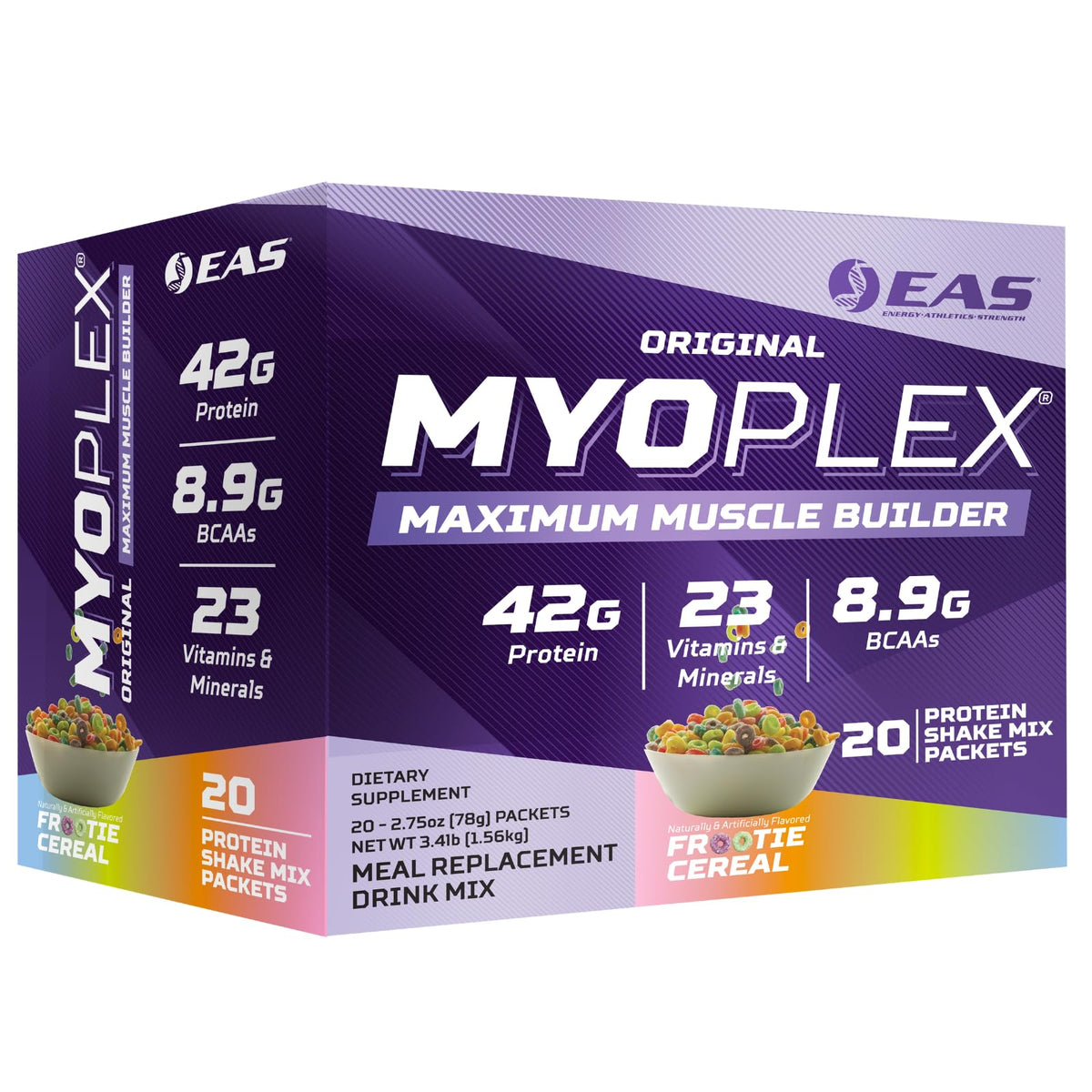 EAS Myoplex bottle pour showing protein-packed meal replacement for post-workout recovery