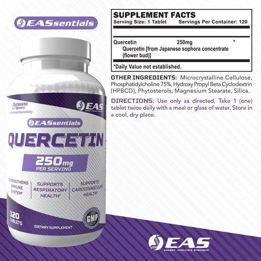 EAS Quercetin 250mg bottle side label highlighting gluten-free and non-GMO claims
