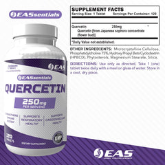EAS Quercetin 250mg bottle side label highlighting gluten-free and non-GMO claims