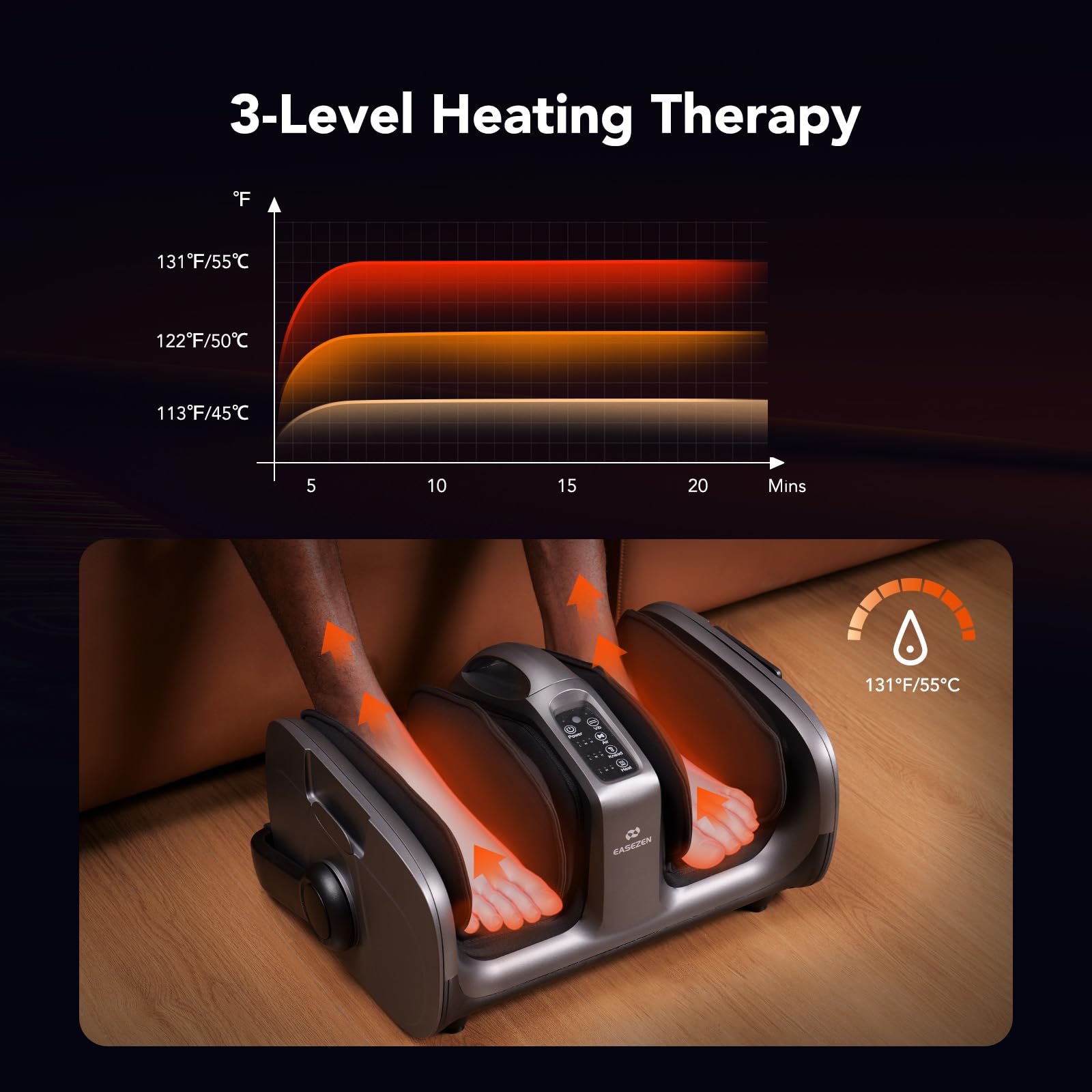 EaseZen massager with 360-degree stand for seated or lying use.