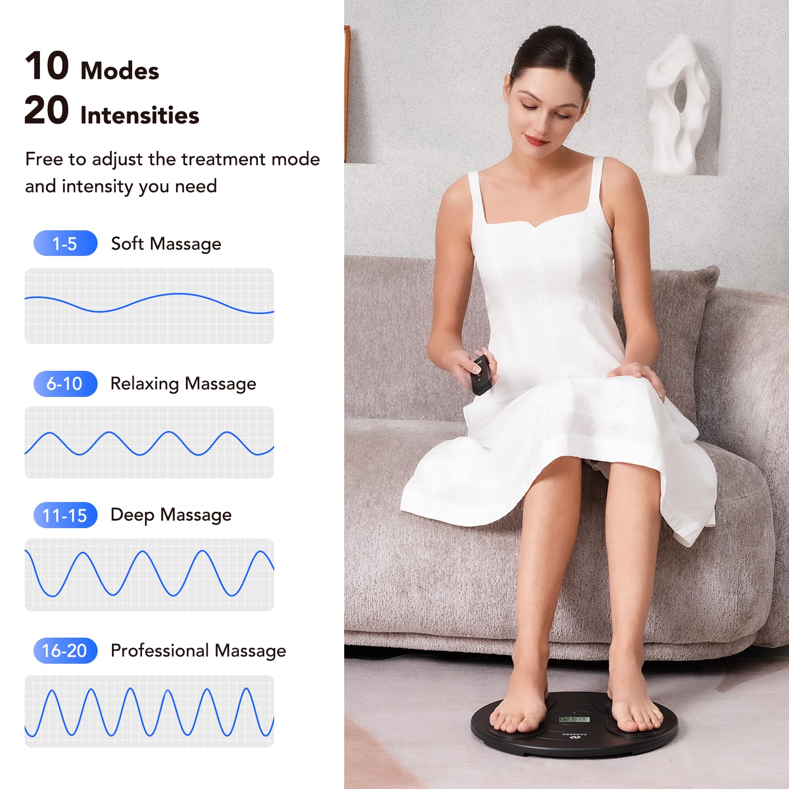 EaseZen foot massager remote control enabling easy mode and intensity adjustments.