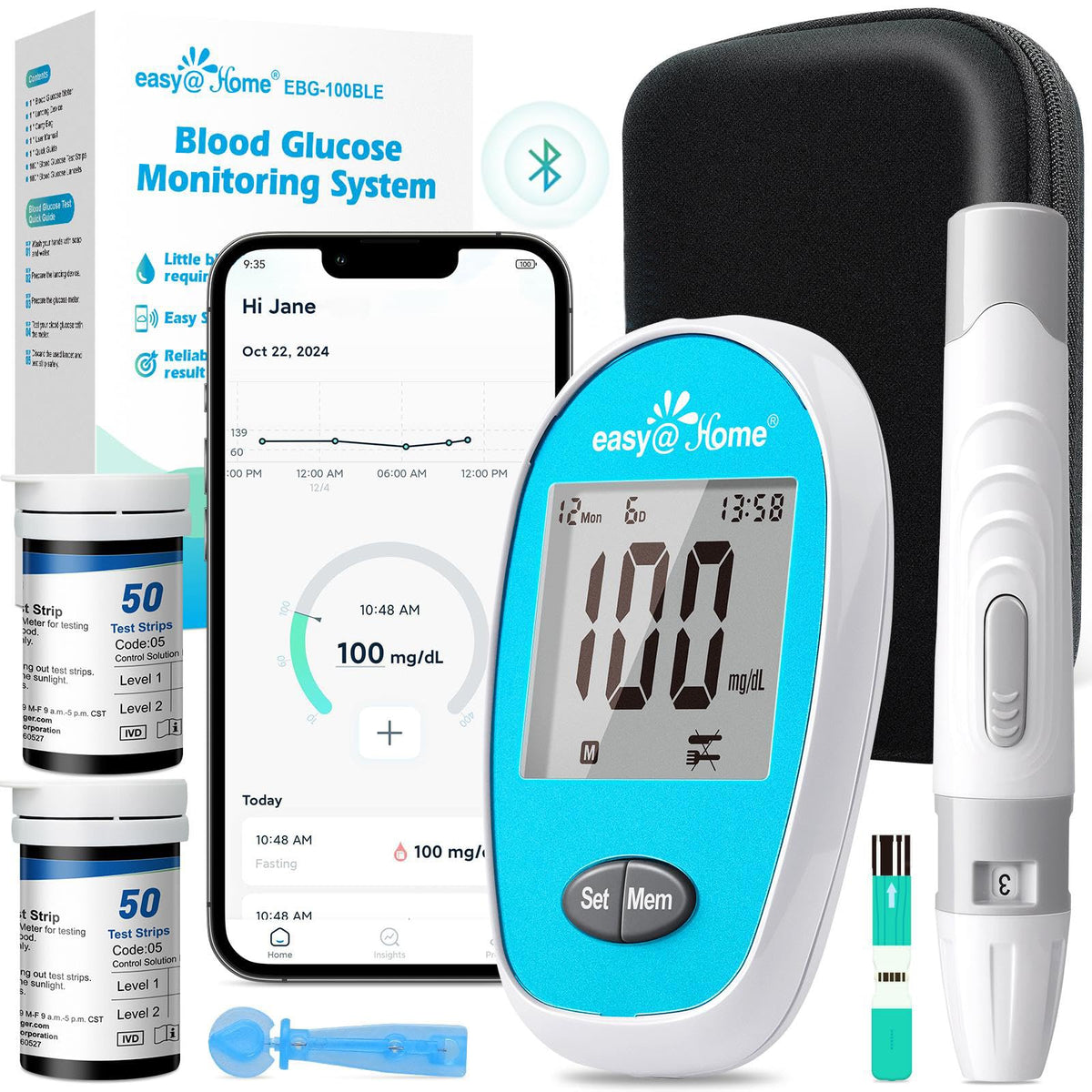 Easy@Home wireless glucose monitor kit for convenient home testing.