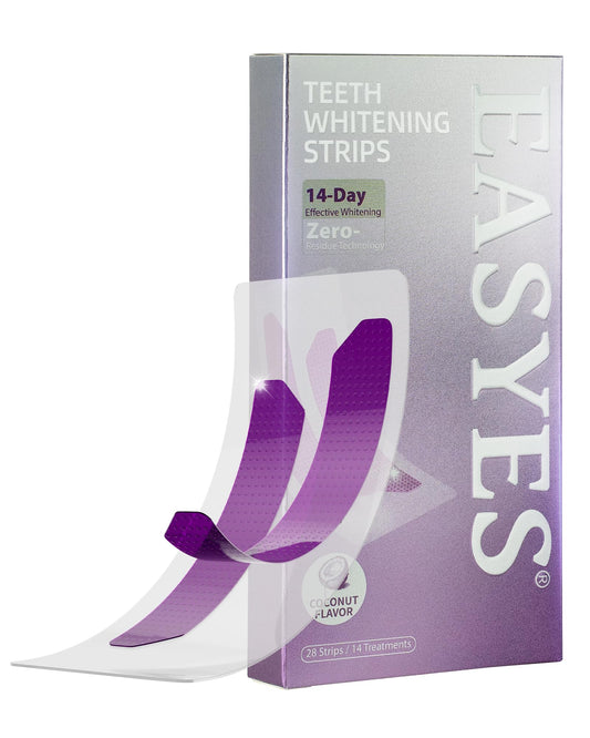 Easyes purple teeth whitening strips pack front for at-home whitening.