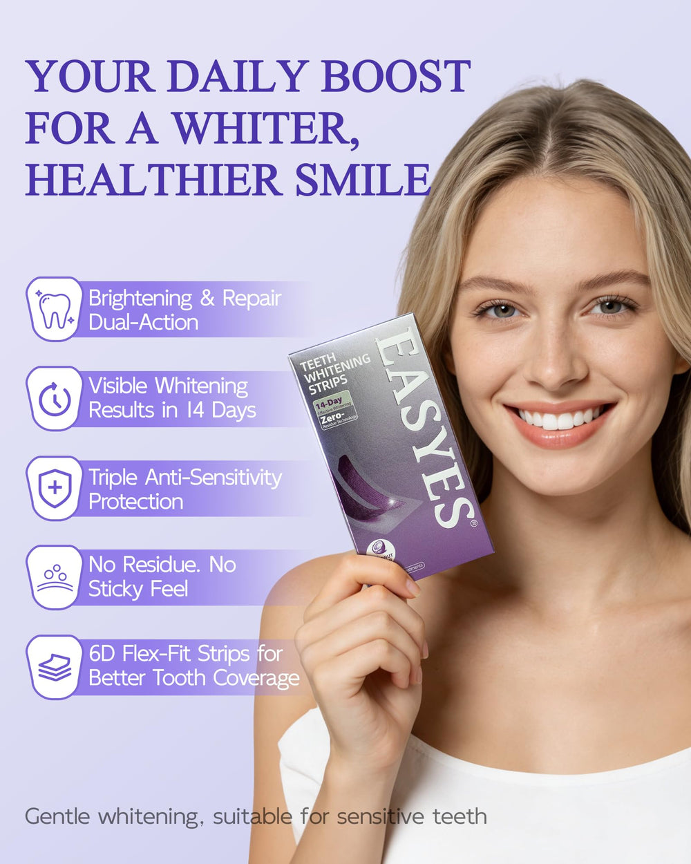 Easyes purple teeth whitening strips strip application on teeth.