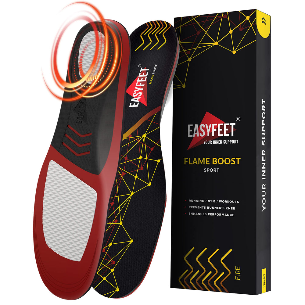 EASYFEET Flame Boost arch support insole for active footwear improves comfort during runs.