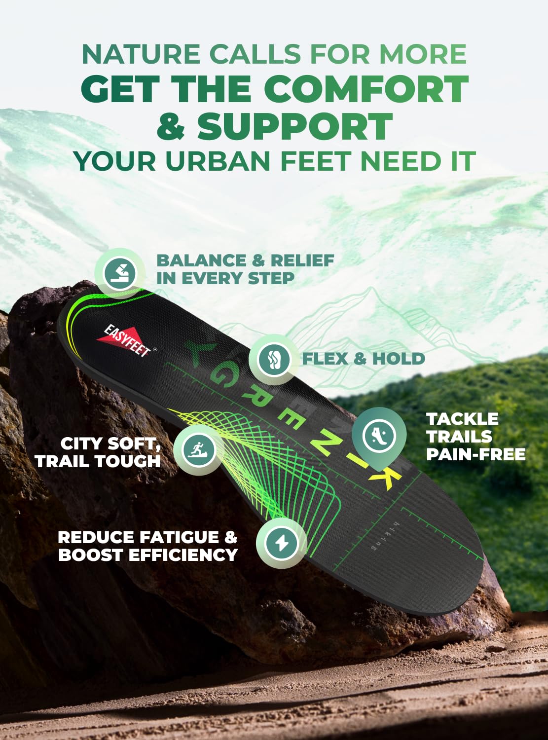 EASYFEET Kinergy cushioning hiking insole enhances comfort on long hikes