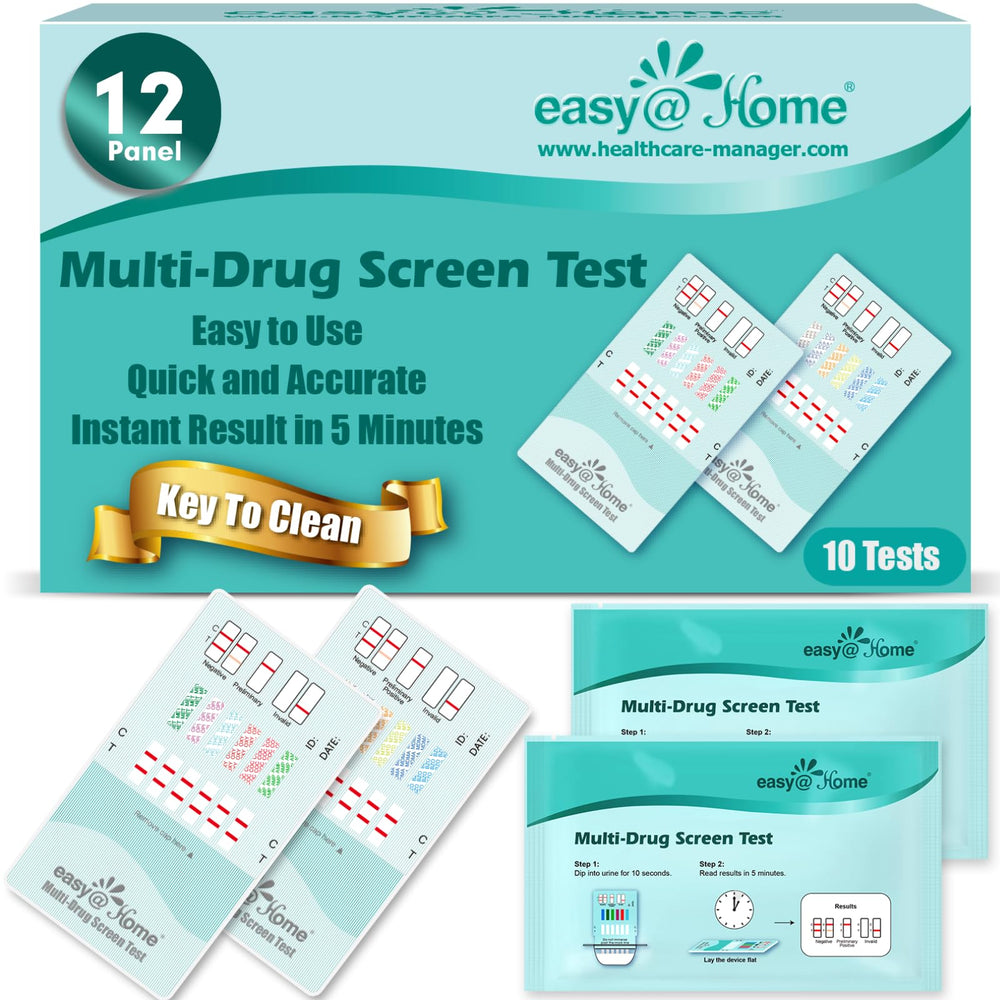Easy@Home 12-panel test kit front packaging shows brand for easy setup