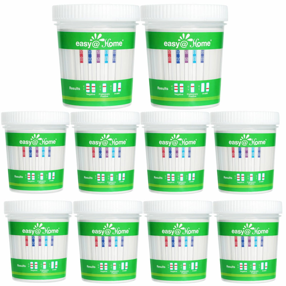 Easy@Home drug test cup 10-pack for convenient home screening.