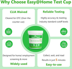 Easy@Home drug test cup showing a five-drug panel illustration.