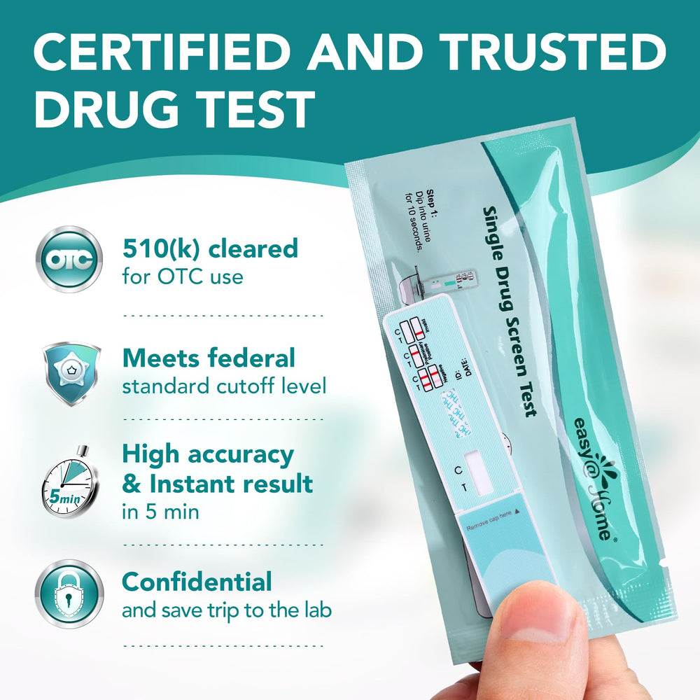 Easy@Home test dip into urine image demonstrates quick, home-friendly workflow.