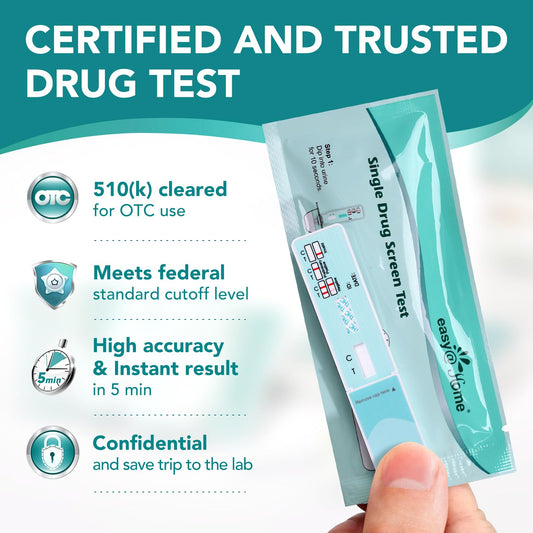 Easy@Home test dip into urine image demonstrates quick, home-friendly workflow.