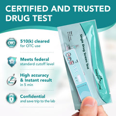 Easy@Home test dip into urine image demonstrates quick, home-friendly workflow.