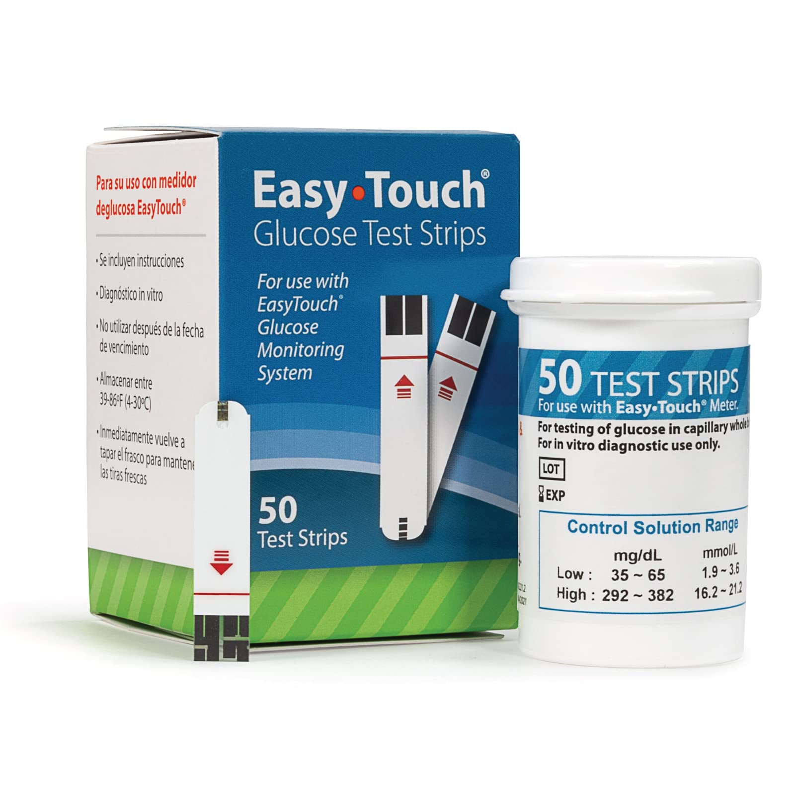 EasyTouch glucose test strips back panel with tips and compatibility.