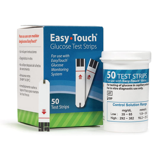 EasyTouch glucose test strips back panel with tips and compatibility.